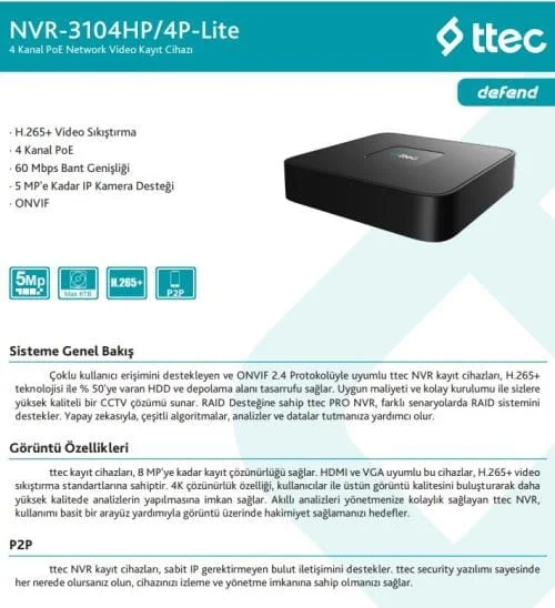 TTEC NVR-3104HP/4P-Lite 4 Kanal NVR Kayıt Cihazı (TSS)